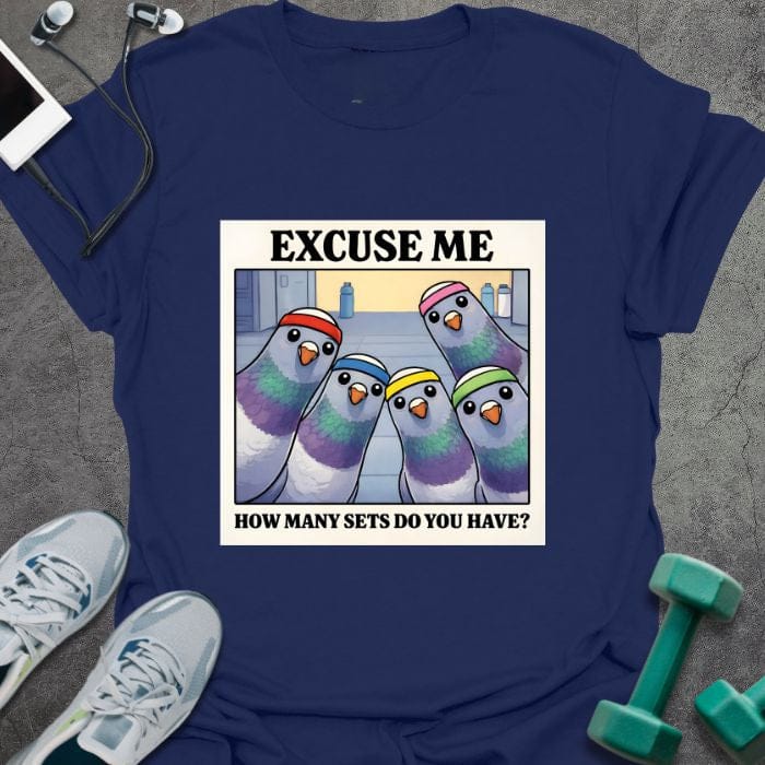 Navy t-shirt printed with "Excuse Me How Many Sets Do You Have?" in multicolor, with colorful parrots in a row