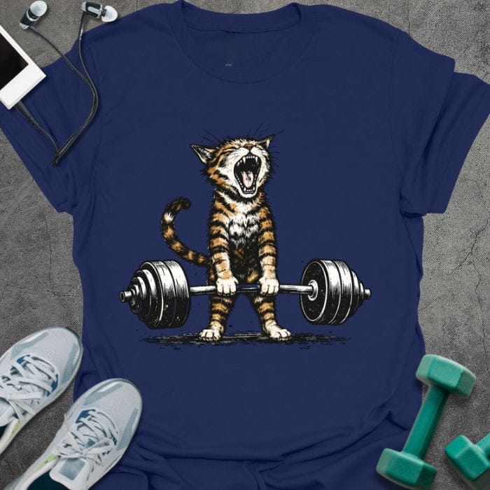 Navy t-shirt with an illustration of a tiger deadlifting a barbell in white and orange