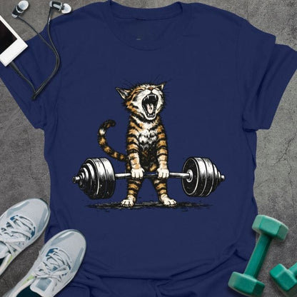 Navy t-shirt with an illustration of a tiger deadlifting a barbell in white and orange