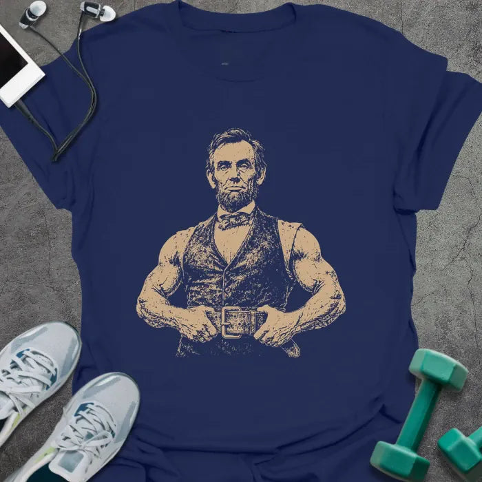 Navy t-shirt with a portrait of Abraham Lincoln flexing with crossed arms in white