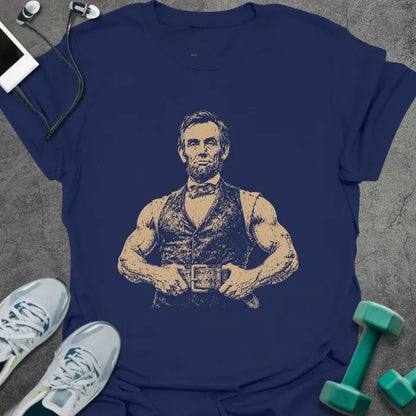 Navy t-shirt with a portrait of Abraham Lincoln flexing with crossed arms in white
