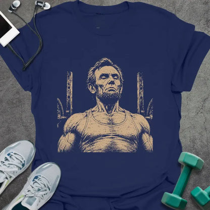 Navy t-shirt with a portrait of Abraham Lincoln flexing with both arms in white