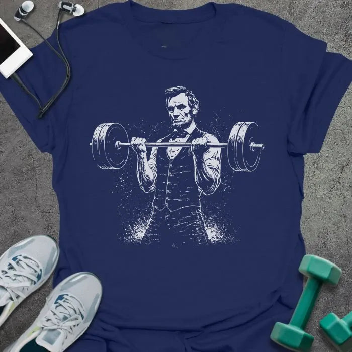 Navy t-shirt with Abraham Lincoln doing bicep curl graphic in white