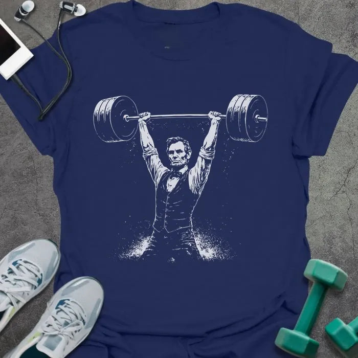 Navy t-shirt with Abraham Lincoln lifting barbell graphic in white