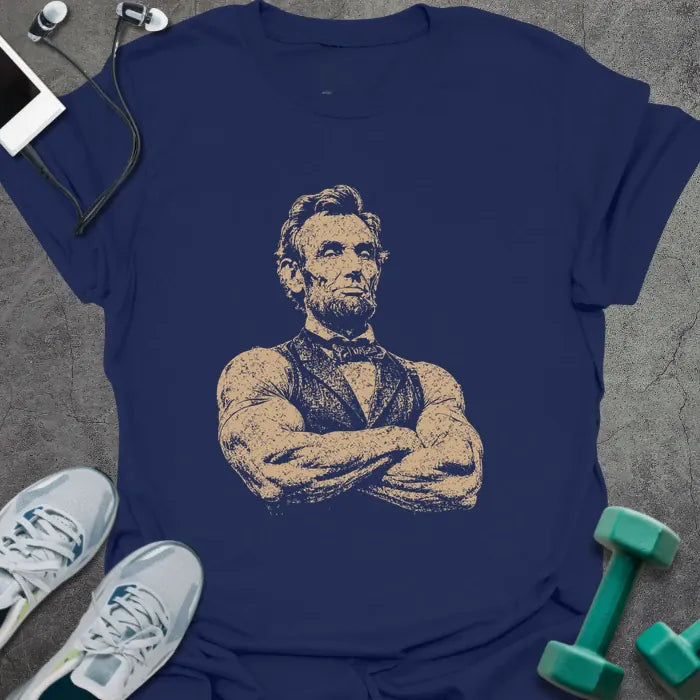 Navy t-shirt with a portrait of Abraham Lincoln with crossed arms in white