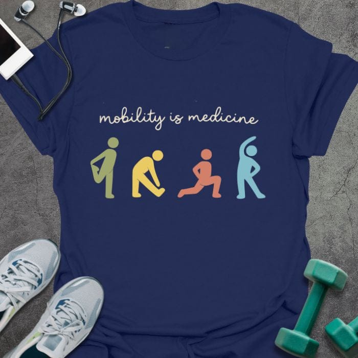 Navy t-shirt printed with "mobility is medicine" in multicolor, with emoji icons of different mobility positions