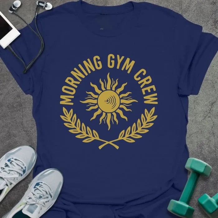 Navy t-shirt printed with "Morning Gym Crew" in yellow, with sun graphic