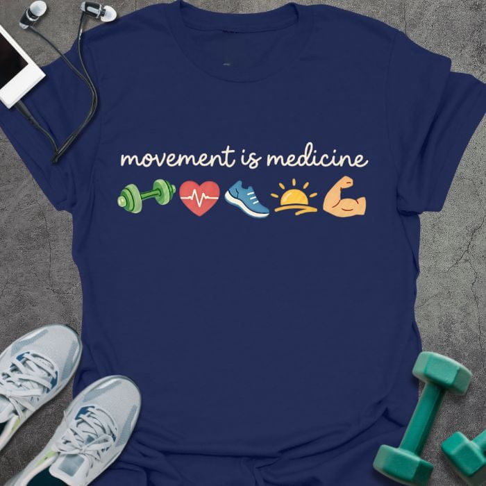 Navy t-shirt printed with "movement is medicine" in multicolor, with emoji icons of different exercises