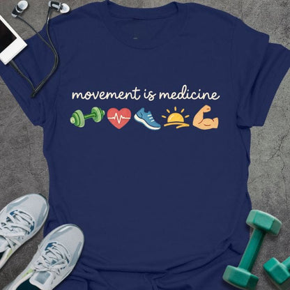 Navy t-shirt printed with "movement is medicine" in multicolor, with emoji icons of different exercises