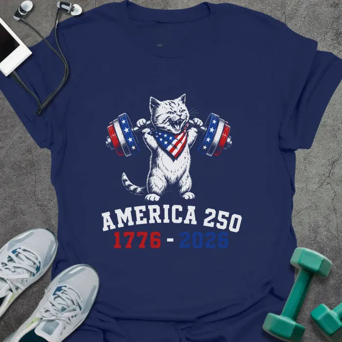 Navy t-shirt with an American flag cat with dumbbells graphic in white and red
