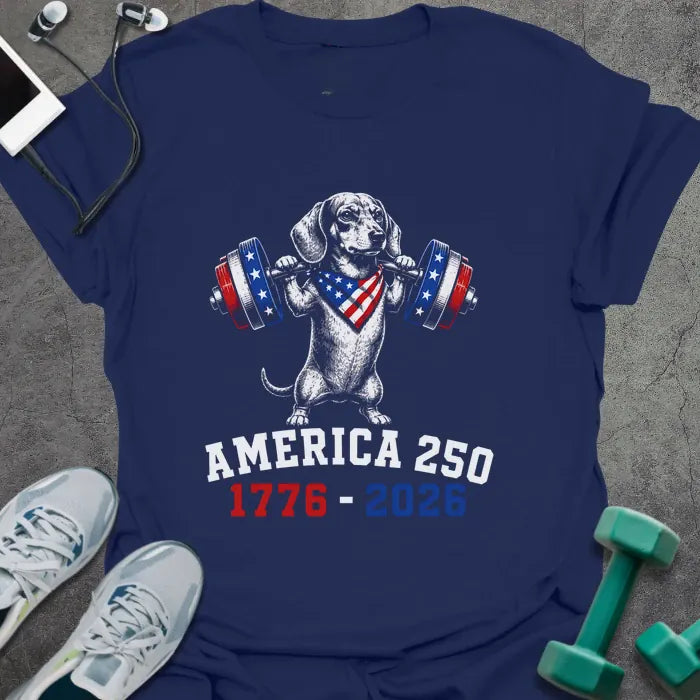 Navy t-shirt with an American flag dachshund with dumbbells graphic in white and red