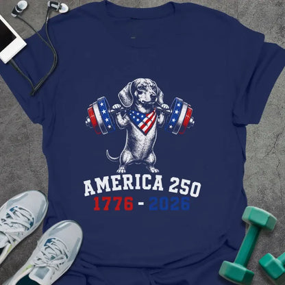 Navy t-shirt with an American flag dachshund with dumbbells graphic in white and red