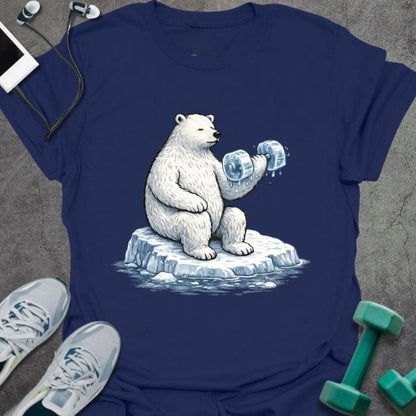 Navy t-shirt with an illustration of a polar bear holding dumbbells in blue and white