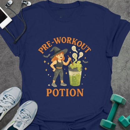 Navy t-shirt printed with "Pre-workout Potion" in orange and green, with an illustration of a woman and a potion bottle