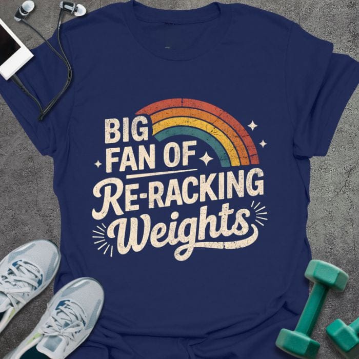 Navy t-shirt printed with "Big Fan of Re-racking Weights", with rainbow and sparkles