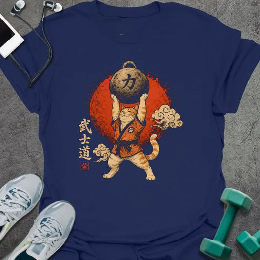 Navy t-shirt printed with cat in samurai outfit with dumbbell and Japanese text