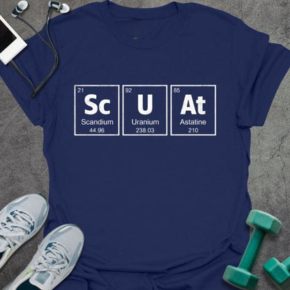 Navy t-shirt printed with "Sc U At Scandium 44.96 Uranium 238.03 Astatine 210", with periodic table element tiles spelling SQUAT