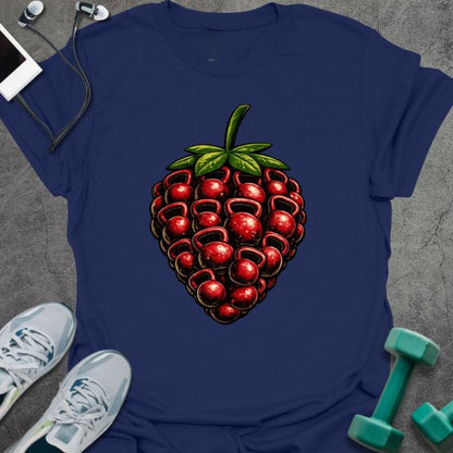 Navy t-shirt with an illustration of a strawberry in red and green
