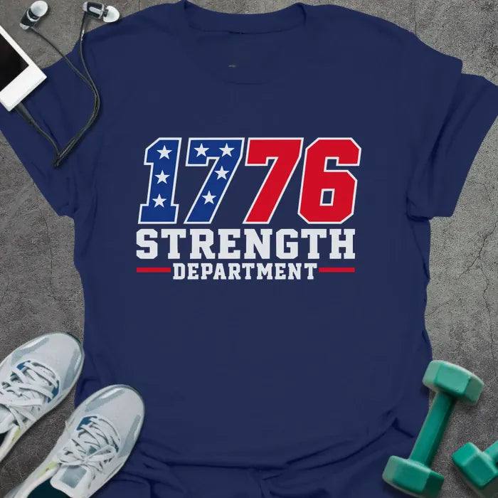 Navy t-shirt printed with "1776 Strength Department" in red, white, and blue