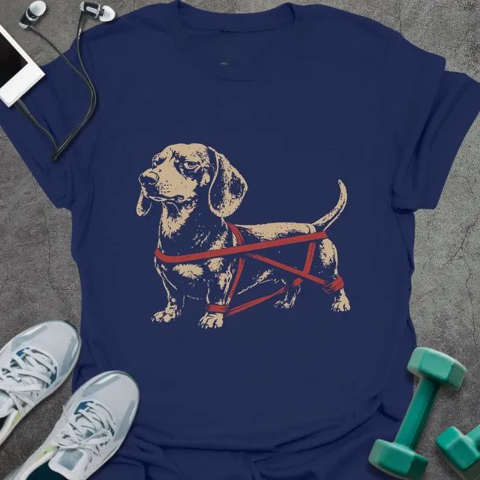 Navy t-shirt with an illustration of a Dachshund with a barbell around it in white