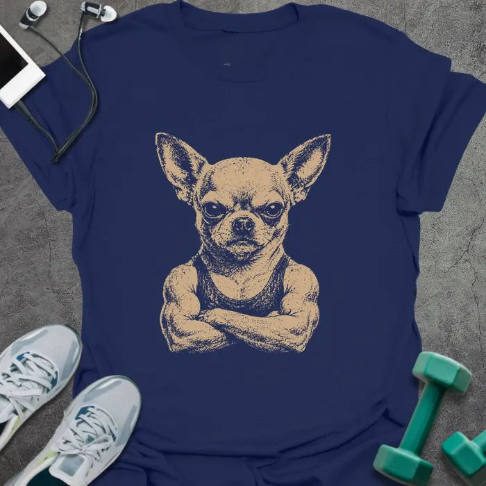 Navy t-shirt with an illustration of a Chihuahua with crossed arms in white