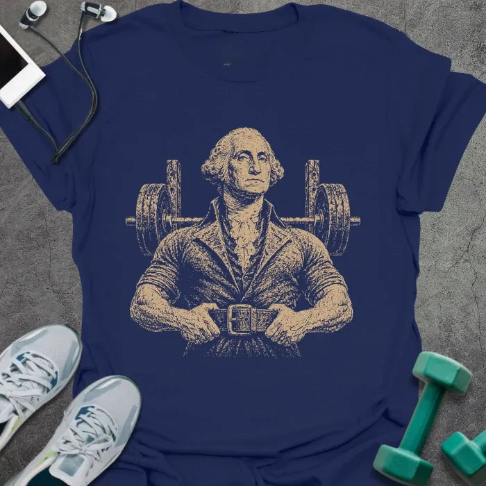 Navy t-shirt with a portrait of George Washington flexing with barbell weight on shoulders in white
