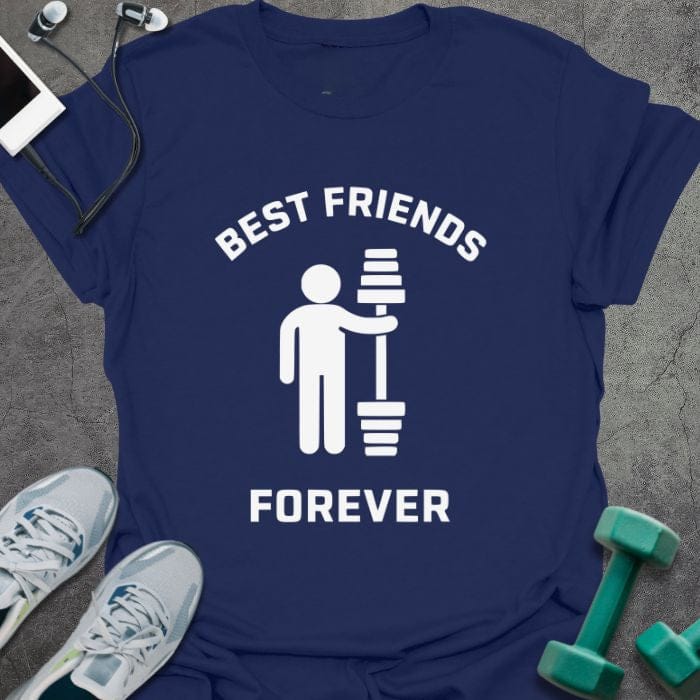 Navy t-shirt printed with "Best Friends Forever", with a stick figure and dumbbells