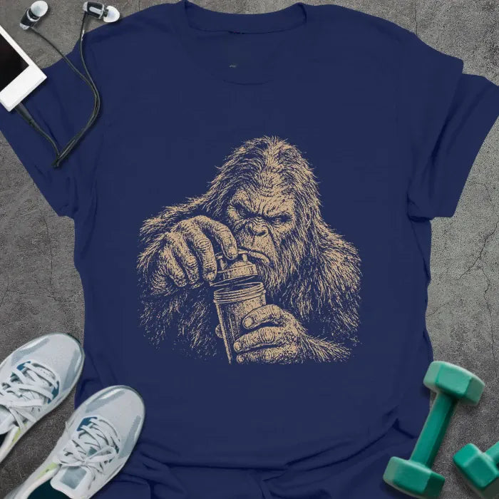Navy t-shirt with an illustration of Bigfoot appearing to struggle in white