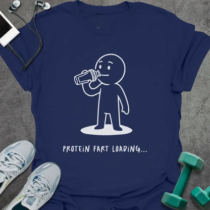Navy t-shirt printed with "Protein Fart Loading...", with an illustration of a stick figure drinking protein