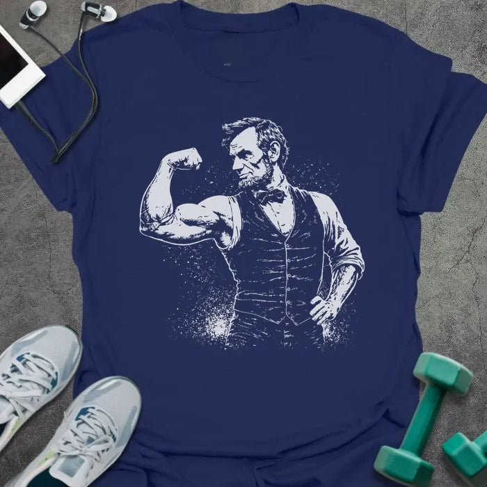 Navy t-shirt with Abraham Lincoln flexing graphic in white