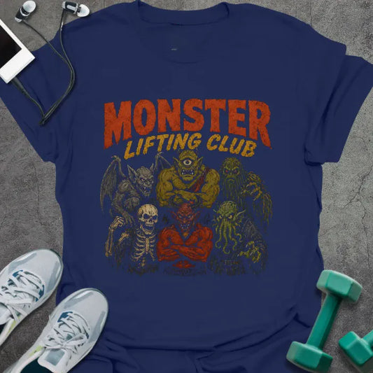 Navy t-shirt printed with "MONSTER LIFTING CLUB" in orange and gold, with monsters