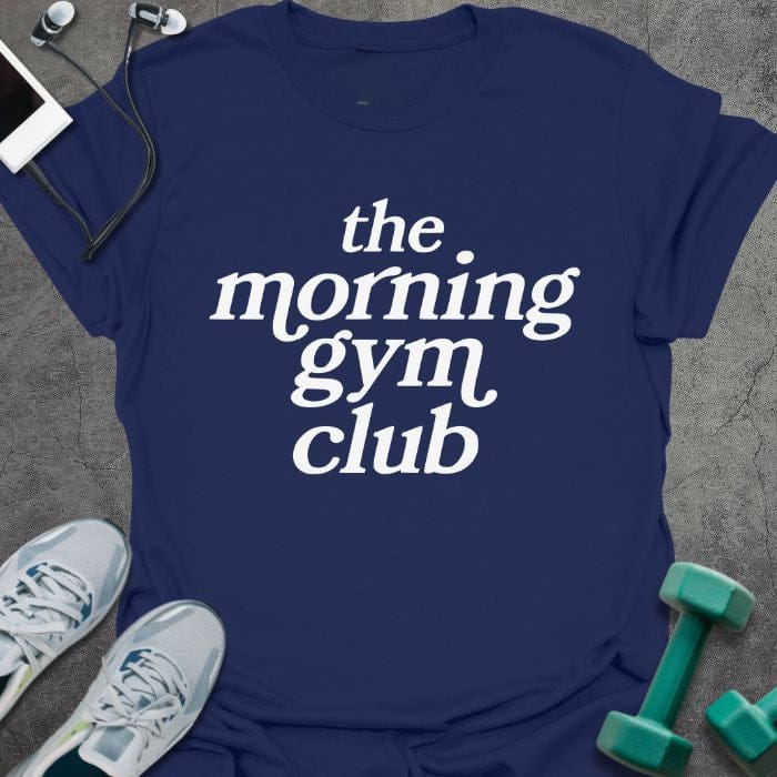 Navy t-shirt printed with "the morning gym club"
