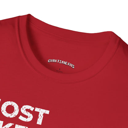 Close-up of the cherry red t-shirt collar with the Gym Time Fits neck label