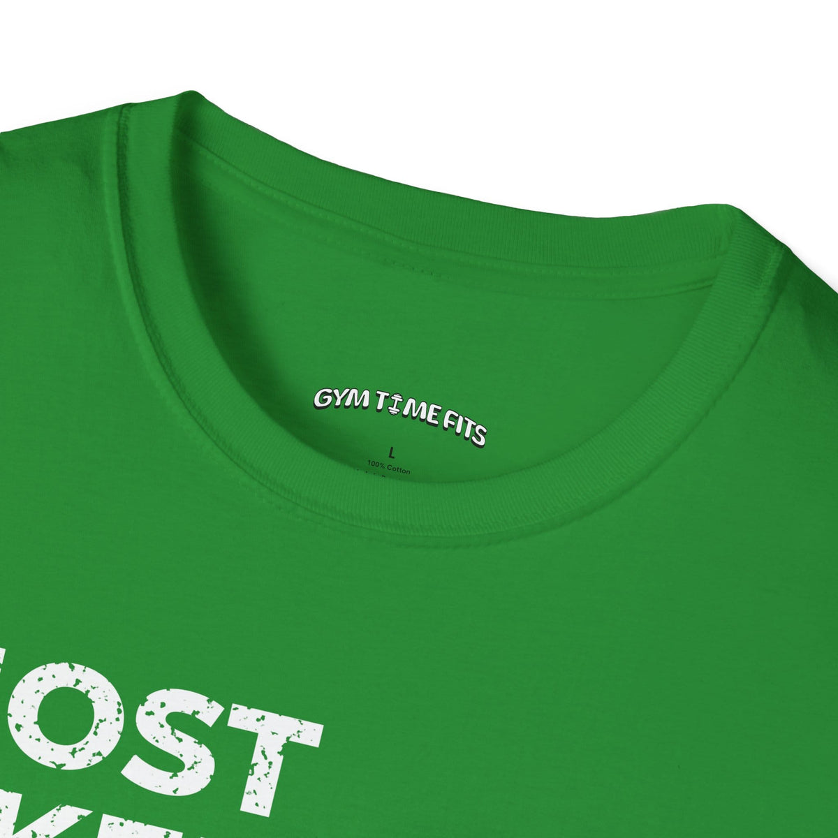 Close-up of the Irish green t-shirt collar with the Gym Time Fits neck label