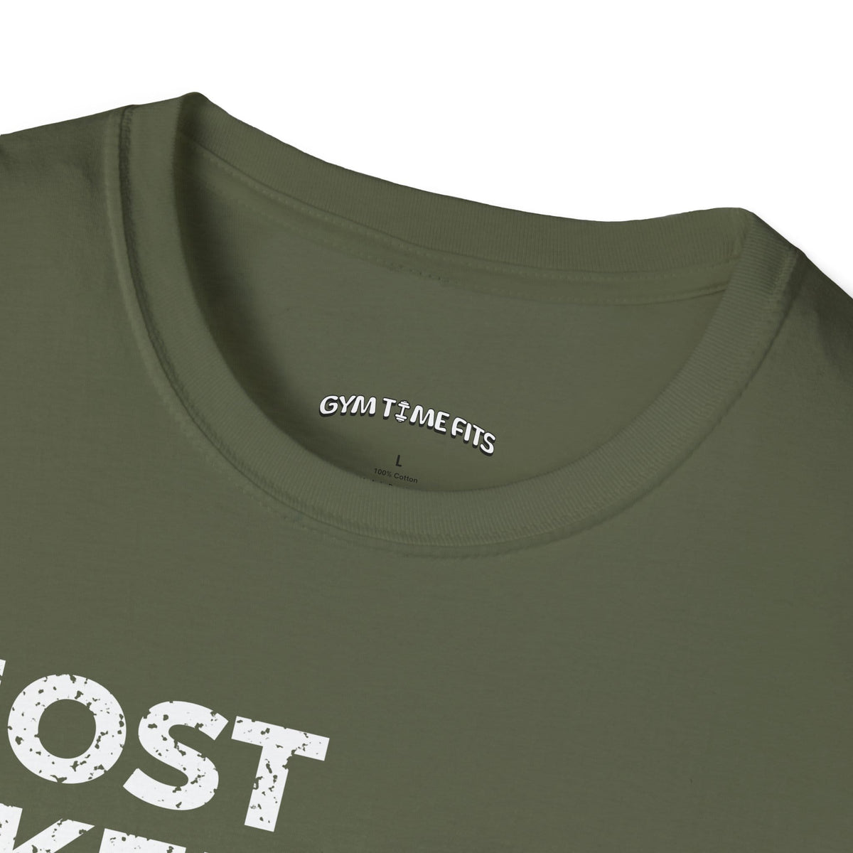Close-up of the military green t-shirt collar with the Gym Time Fits neck label