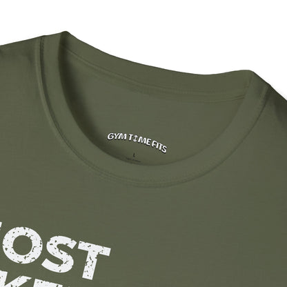 Close-up of the military green t-shirt collar with the Gym Time Fits neck label