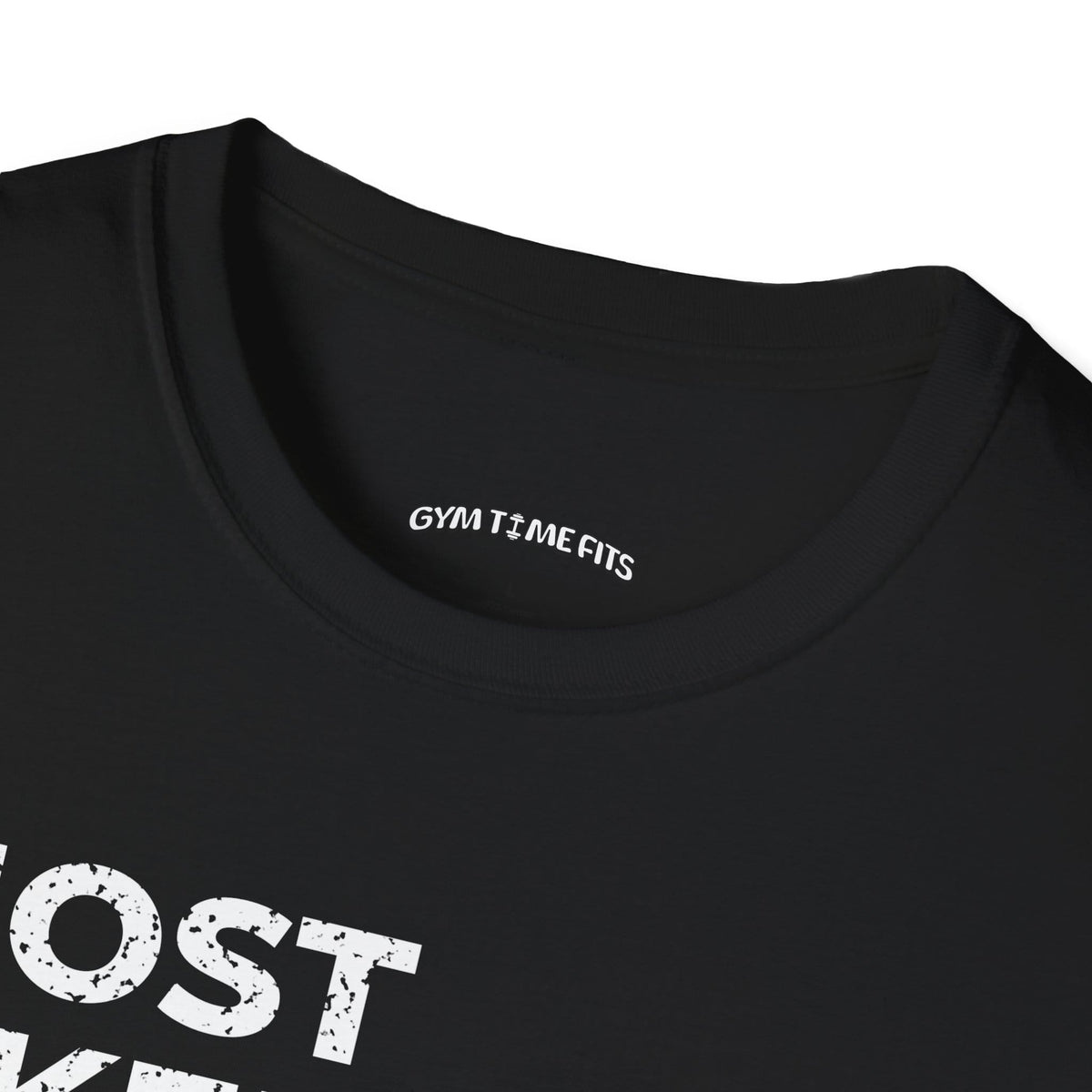 Close-up of the black t-shirt collar with the Gym Time Fits neck label