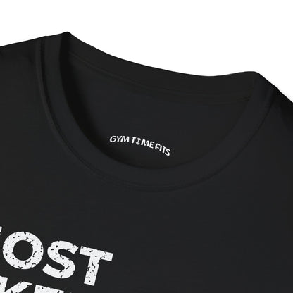 Close-up of the black t-shirt collar with the Gym Time Fits neck label