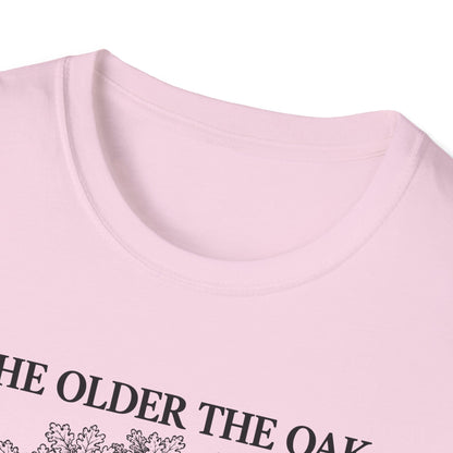 Close-up of the light pink t-shirt collar and the top of the print