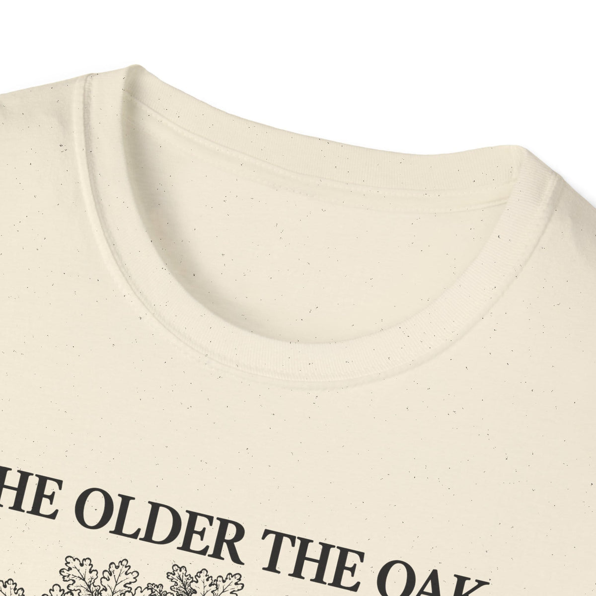 Close-up of the natural t-shirt collar and the top of the print
