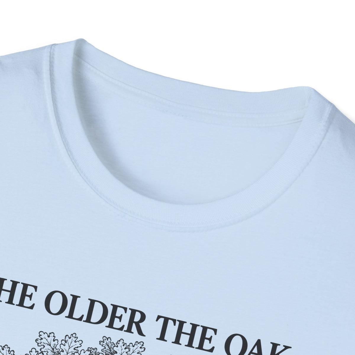 Close-up of the light blue t-shirt collar and the top of the print
