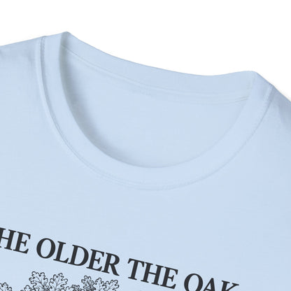 Close-up of the light blue t-shirt collar and the top of the print