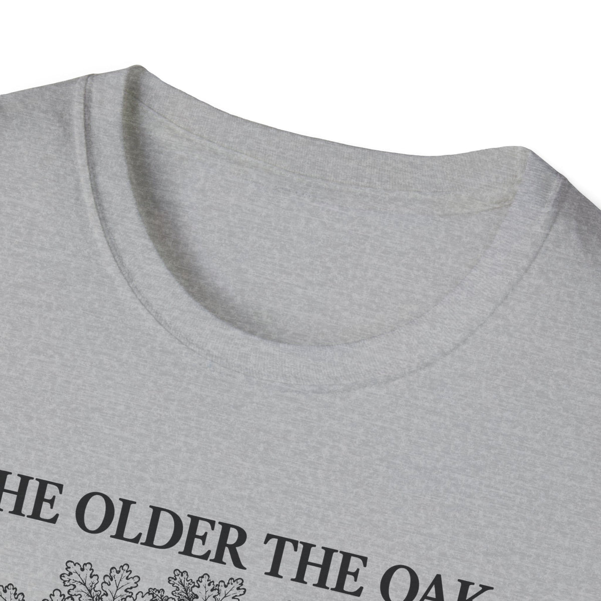 Close-up of the sport grey t-shirt collar and the top of the print