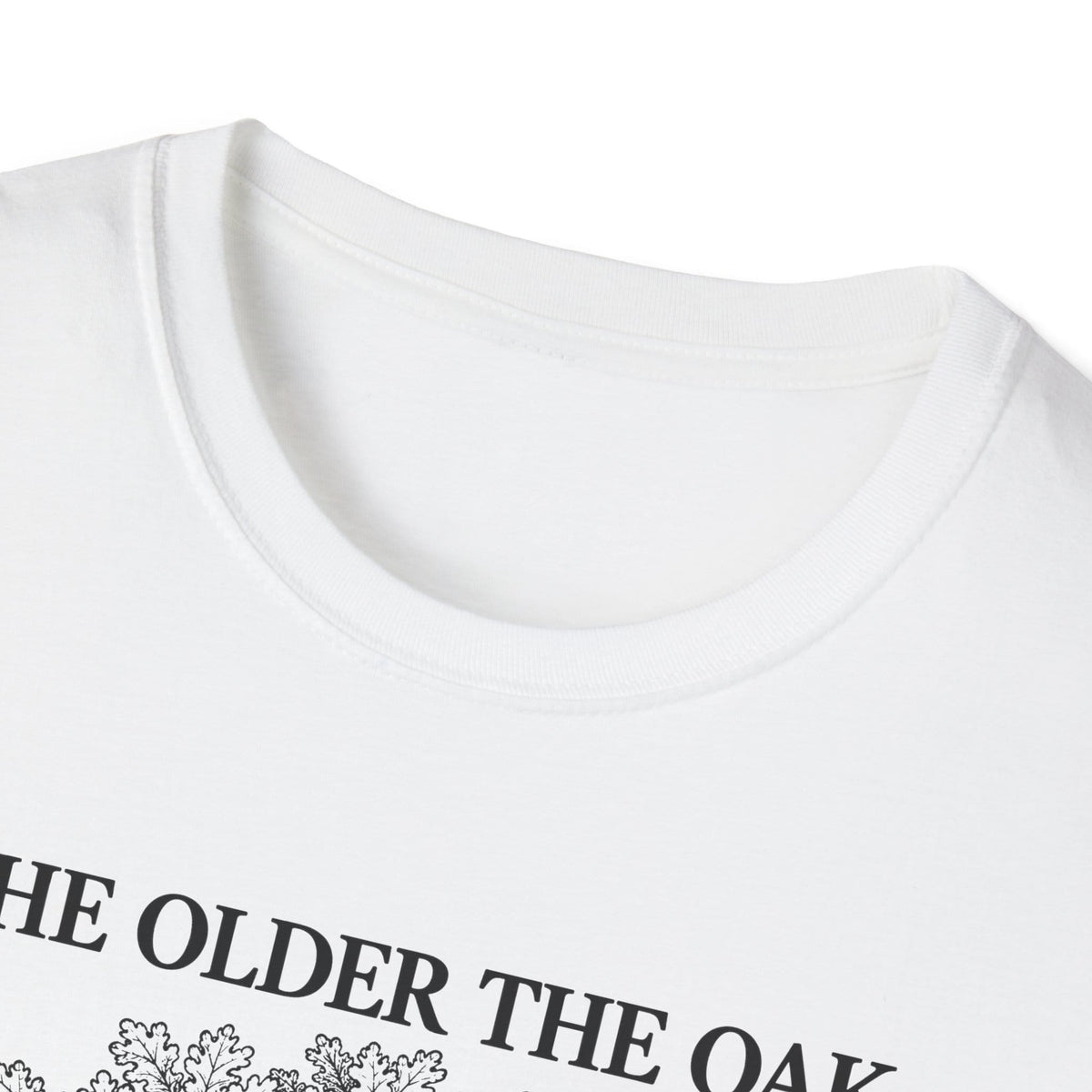 Close-up of the white t-shirt collar and the top of the print