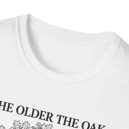 Close-up of the white t-shirt collar and the top of the print