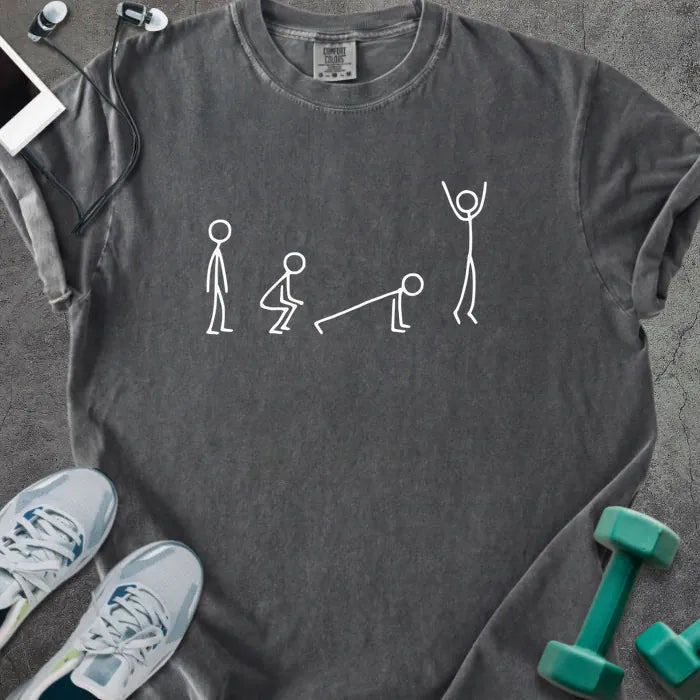 Pepper t-shirt with stick figures doing burpees graphic in white