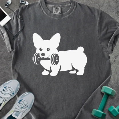 Pepper t-shirt with a corgi holding dumbbells graphic in white