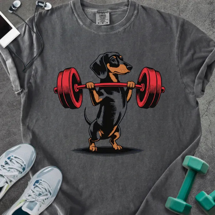 Pepper t-shirt with a dachshund dog lifting a barbell in red