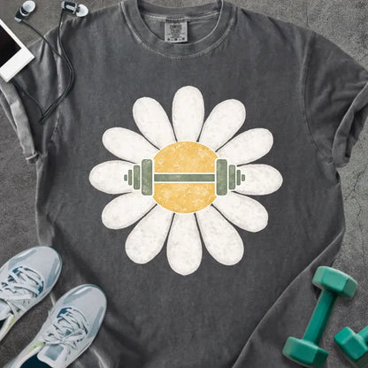 Pepper t-shirt with white daisy and barbell in center in white and yellow