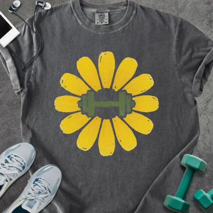 Pepper t-shirt with yellow dandelion flower and dumbbell in center in yellow and green